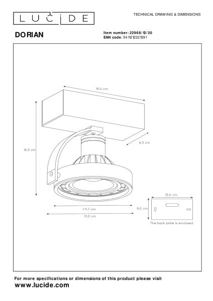 Lucide DORIAN - Ceiling spotlight - Ø 11,7 cm - LED Dim to warm - GU10 (ES111) - 1x12W 2200K/3000K - Black - technical